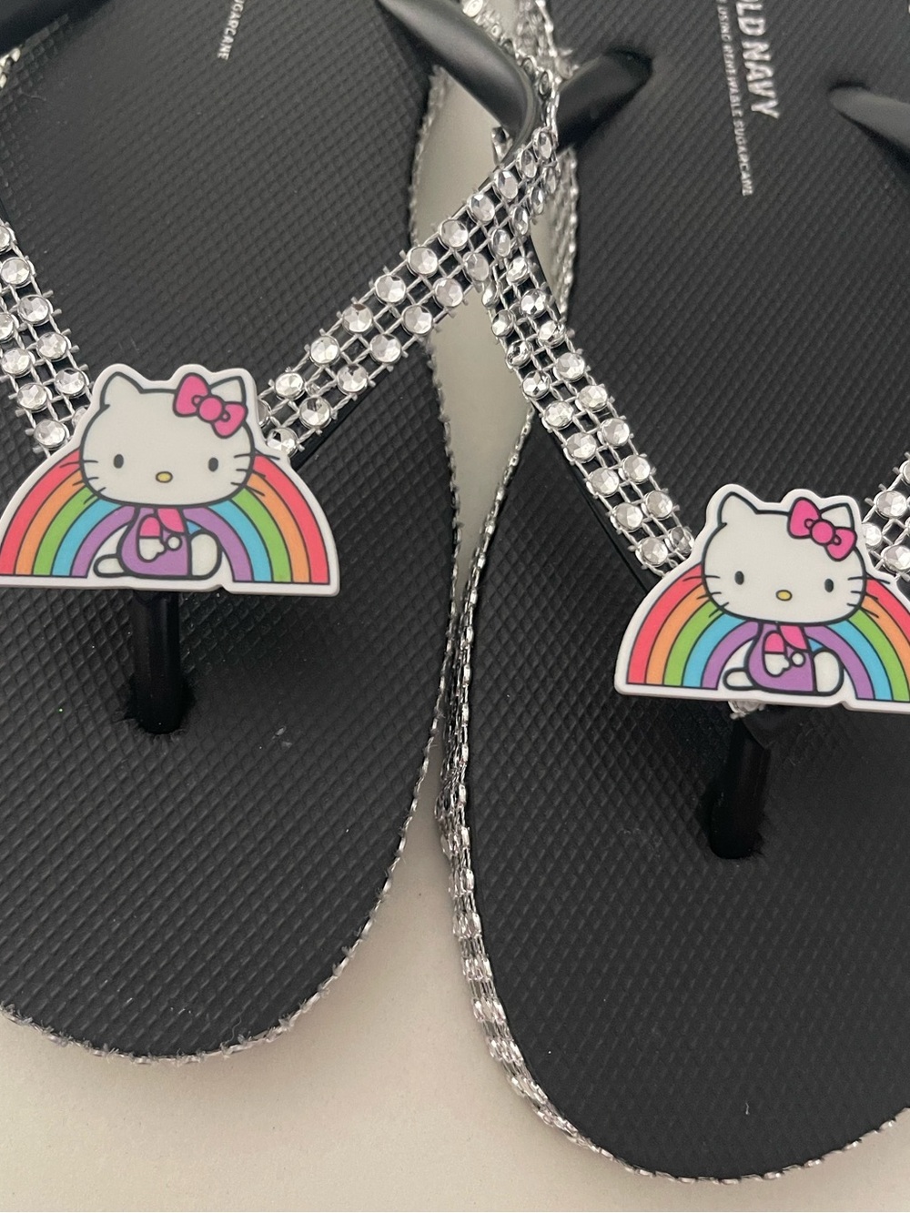 Hello Kitty Silver Rhinestone Black Flip Flops
